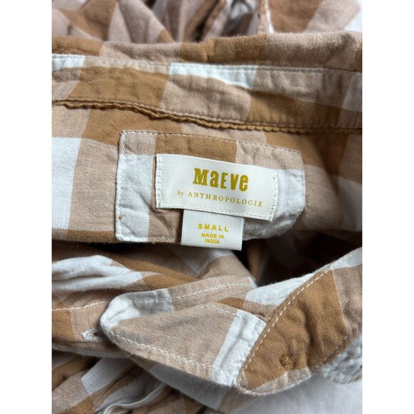 Maeve By Anthropologie Womens Tan White Gingham Button-Up Shirt Tunic Top Small - Picture 3 of 8